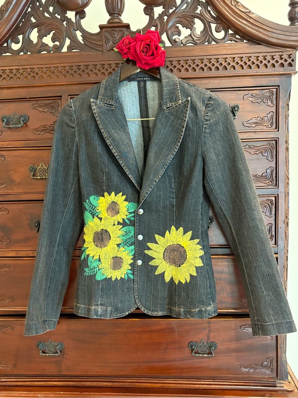 Black Halo Hand Painted Sunflower Denim Blazer Wearable Art Boho Jacket size S